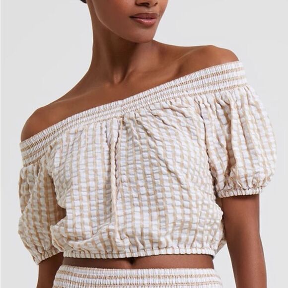 NWT women's French connection Flippa Poplin Gingham off the shoulder size small - Picture 1 of 6